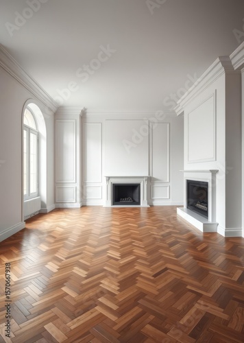 Empty living room with herringbone parquet floor and fireplace in white empty apartment in paris france Empty room interior design architecture blank design room striking structures clean lines