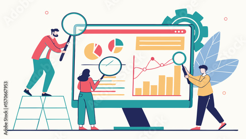 Team analyzes data displayed on large monitor, showcasing graphs and charts with enthusiasm