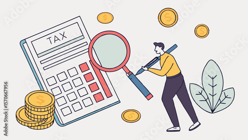 Tax calculation businessman magnifying glass coins financial analysis illustration accounting