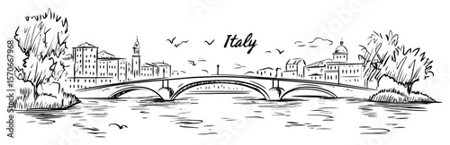 italian city on the river with old bridge sketch vector