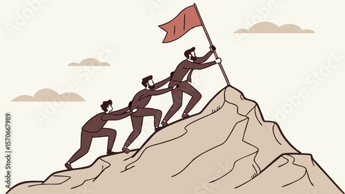 Business team climbing mountain, reach success and raise flag of achievement together, symbolizing leadership, collaboration, achieving goals, success, and corporate teamwork
