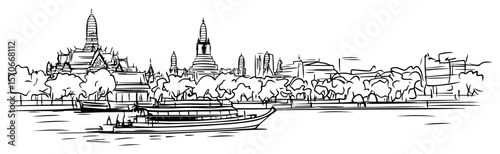 bangkok thailand cityscape with wat arun temple sketch