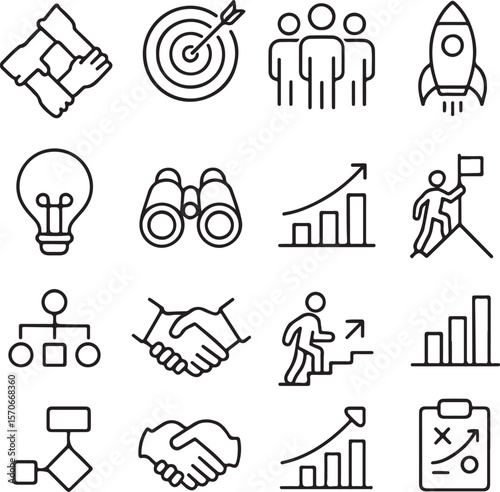 Business Growth Strategy Icons Teamwork, Goals, Innovation, and Success