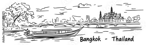 bangkok thailand river view with long boat sketch vector