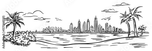 tropical beachfront city skyline panorama line art vector
