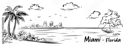 miami beach city skyline line art vector