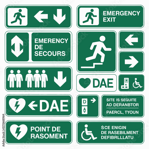 Collection of Green Emergency and Safety Signs featuring Directional Arrows People Icons and Defibrillator Symbols including French and English Text indicating Emergency Exits First Aid and 1