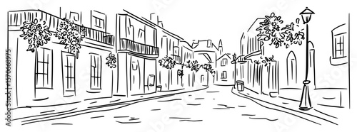 charming european village street line art vector illustration