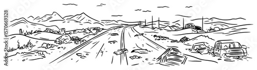 post apocalyptic highway with abandoned cars sketch vector