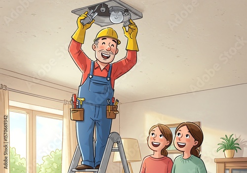 Electrician Repairing Ceiling Light Family Home Improvement