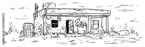 abandoned gas station ruin sketch vector illustration