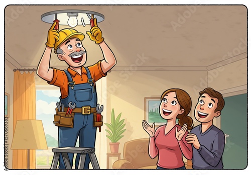 Happy Family Watching Electrician Change Light Bulb