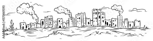 ruined burning city post apocalyptic landscape sketch vector