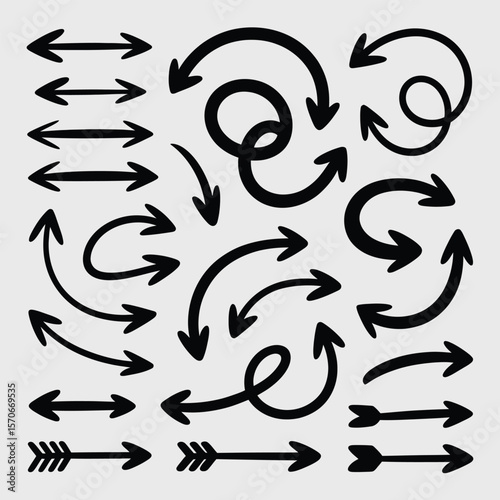 Collection of Hand Drawn Black Arrows Various Styles and Directions including Straight Arrows Curved Arrows Circular Arrows and Arrows with Fletching on Light Gray Background
