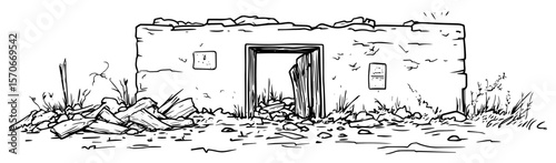 abandoned stone house ruins desert vector illustration