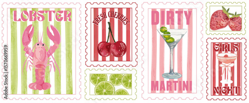 SET OF GIRLY STAMPS WITH TRENDY WATERCOLOR ILLUSTRATIONS - VINTAGE POSTAGE CLIPART, LOBSTER, CHERRIES, MARTINI, FRUIT WITH STRIPES