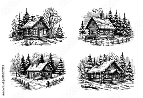 cozy winter log cabin collection vintage engraving vector