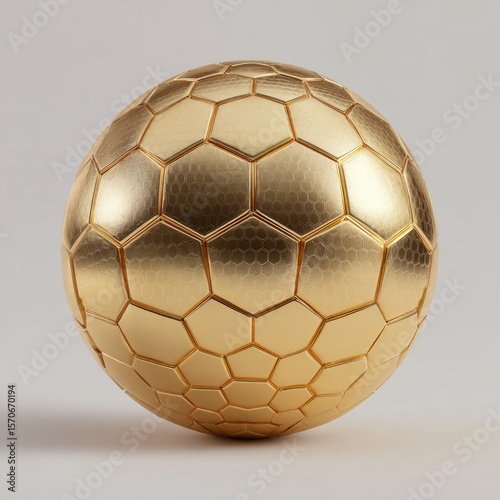 A golden sphere with a hexagonal pattern, rendered against a light grey background. The hexagons are subtly textured, giving the sphere a metallic appearance