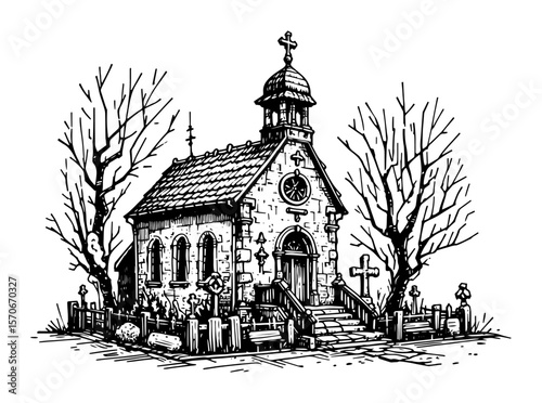 old gothic church with cemetery sketch vector illustration