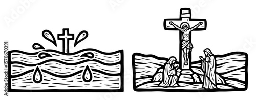 baptism water cross and crucifix icons vector set