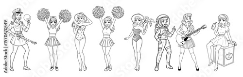 female character set various costumes vector line art