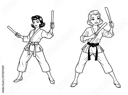 female martial artist with nunchaku line art vector