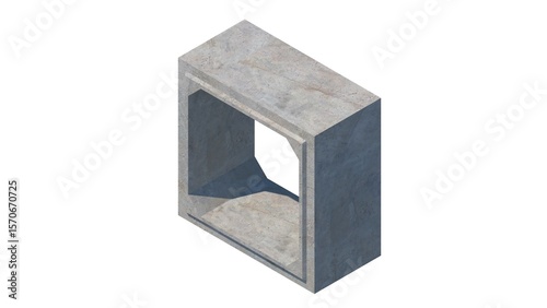 3D isometric image of a 200cm x 200cm x 120cm gray concrete box culvert, featuring a textured surface and an internal chamber, isolated against a white set, defining a precast drainage component