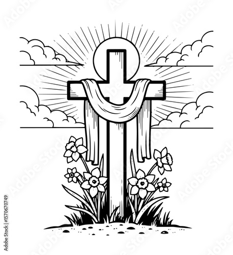 easter resurrection cross sunrise line art vector illustration