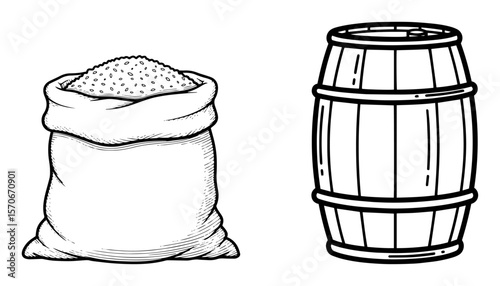 sack of flour and wooden barrel sketch vector set