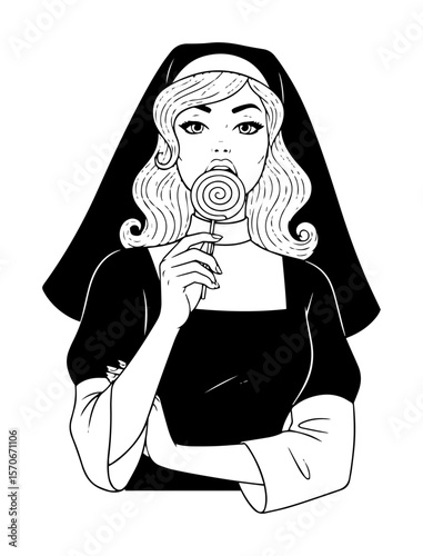 bad nun pinup girl with lollipop vector portrait