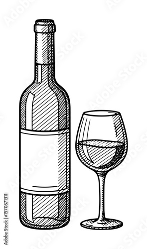 wine bottle with glass vintage engraving illustration