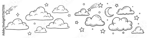 night sky doodle with clouds stars and moon vector