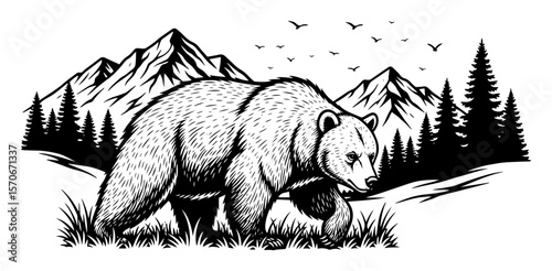 grizzly bear in mountain forest vector illustration
