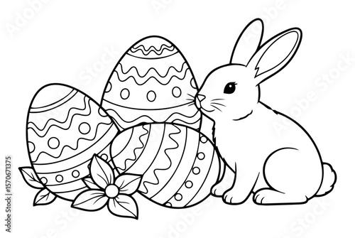 easter bunny with decorated eggs coloring page vector