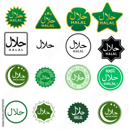 Halal food certified icons.Halal labels.100% percent halal certified Islamic stamp logo set.permissible in Arabic.
