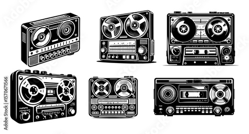 vintage reel to reel tape recorder set vector sketch