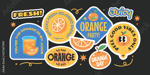 Groovy orange sticker collection. Trendy seasonal fruits label, badges, patchs, logos with quotes.