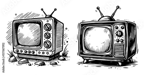 abandoned retro tv set vintage sketch vector illustration