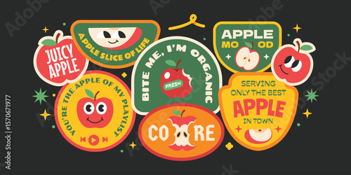 Groovy apple sticker collection. Trendy seasonal fruits label, badges, patchs, logos with quotes.