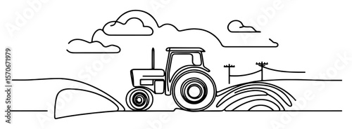 tractor plowing field countryside line art vector illustration