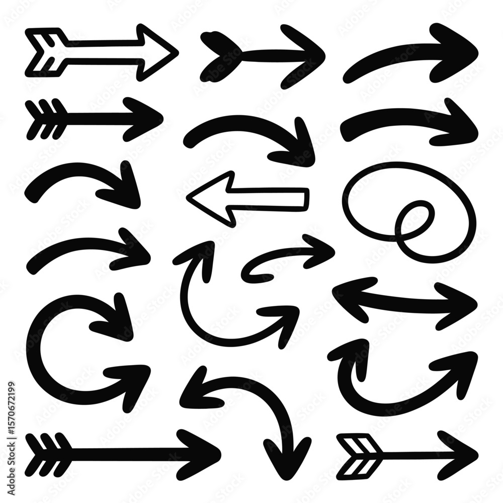 Fototapeta premium Collection of Hand Drawn Black Arrows Various Styles and Directions Thick Outline Simple Design Elements for Web Design Print Projects