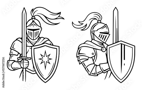 medieval knight warrior with sword and shield logo icon vector