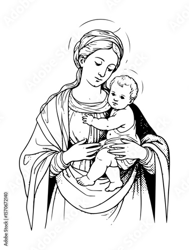 virgin mary holding baby jesus sacred line art illustration