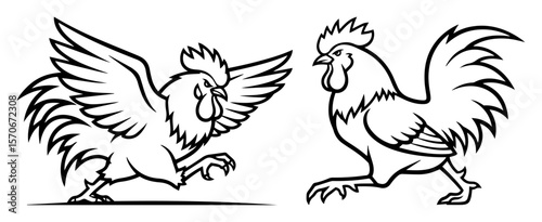 fighting rooster mascot vector line art set