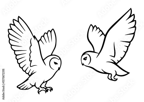 cute flying owl duo outline vector illustration