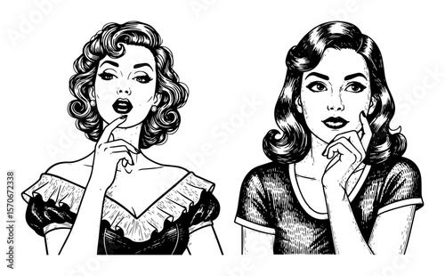 retro pin up woman thoughtful portraits vector illustration