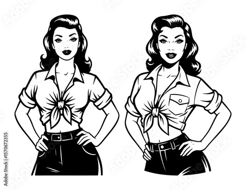 pin up girl tied shirt confident pose vector illustration