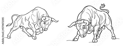 charging bulls dynamic pose line art vector illustration