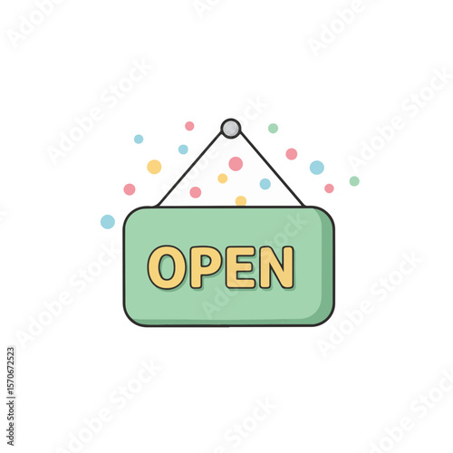 Open sign with colorful dots representing welcome atmosphere  