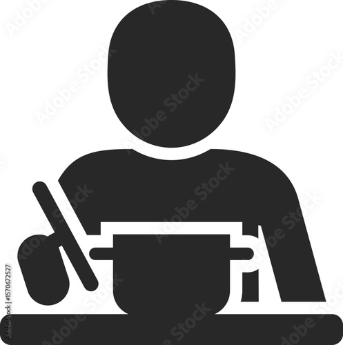 Person cooking noodles solid icon used in home cooking, daily joy, and food preparation designs.